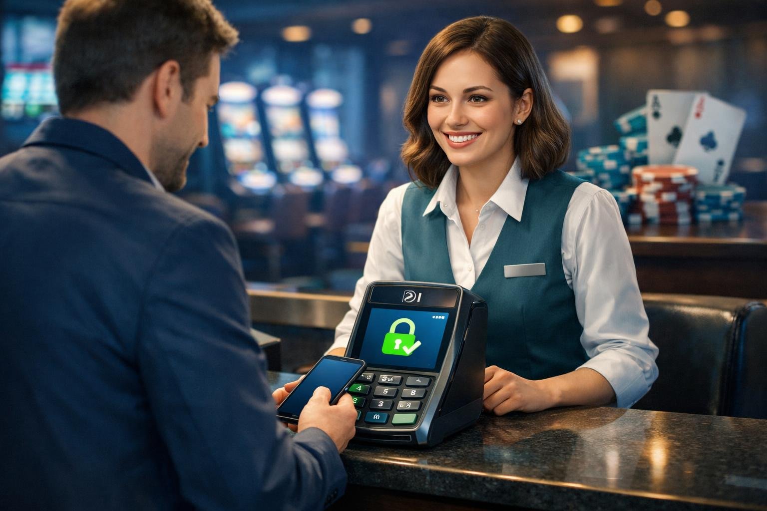 A Customer Making A Secure Digital Payment At A Casino Counter With A Cashier, Surrounded By Slot Machines And Poker Chips.