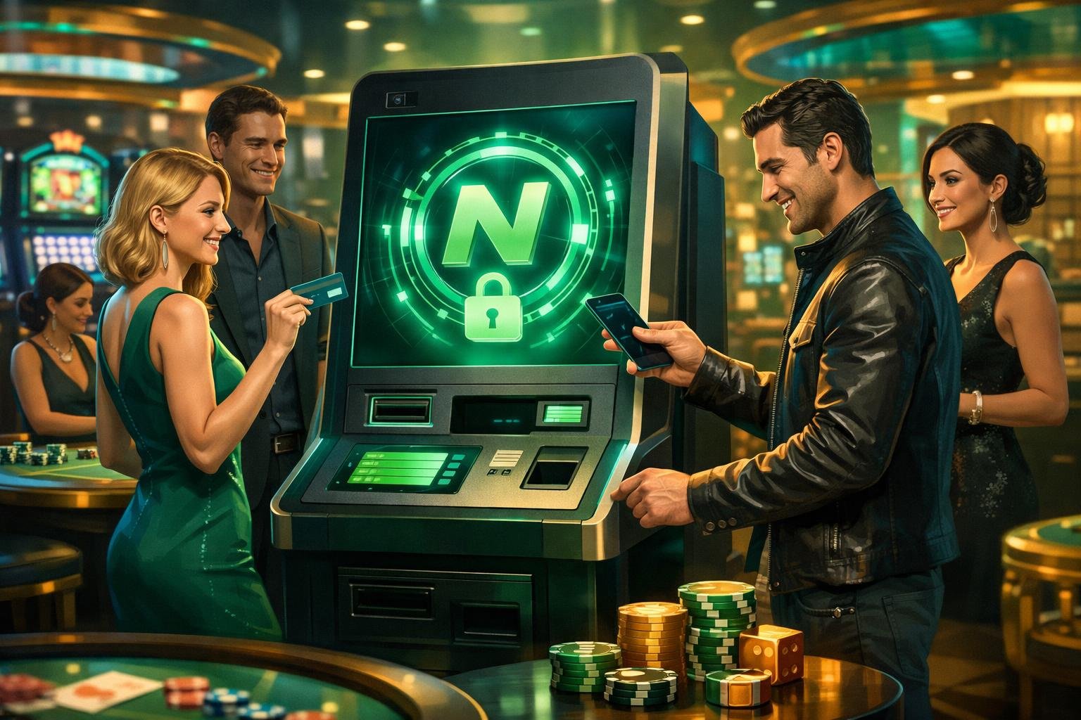 People Using A Digital Payment Kiosk With A Glowing Logo Inside A Casino With Slot Machines And Poker Tables In The Background.