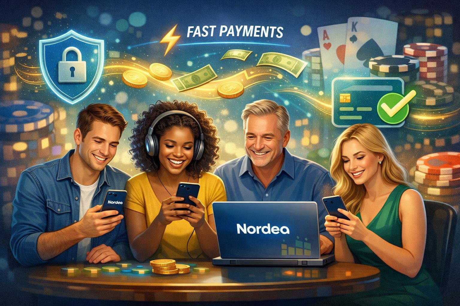 A Group Of Diverse Players Happily Using Digital Devices With Icons Representing Secure And Fast Casino Payments Around Them.