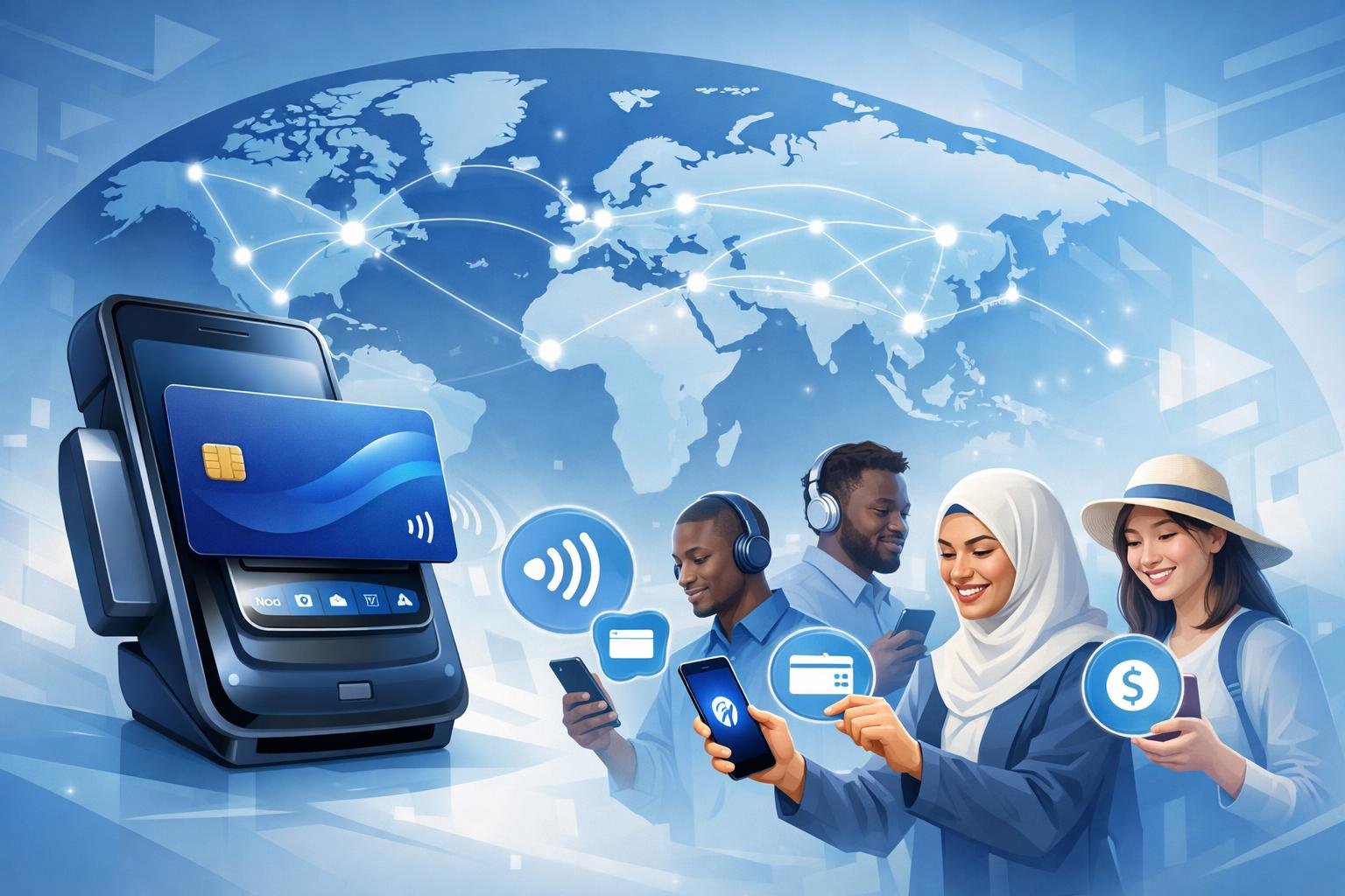 A Digital Payment Device Surrounded By A Glowing World Map With Connection Lines Linking Different Continents And Diverse People Using Payment Icons, Representing Global Compatibility And Reach.