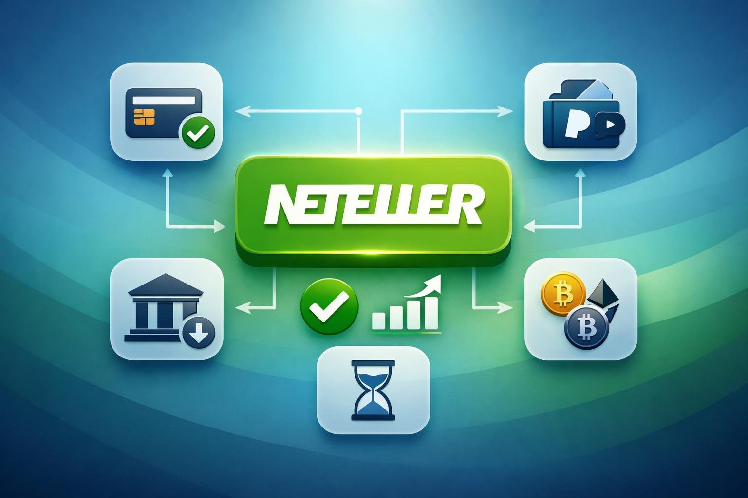 A Digital Interface Showing Various Online Payment Method Icons With Neteller Highlighted In The Center, Connected To Other Payment Options For Comparison.