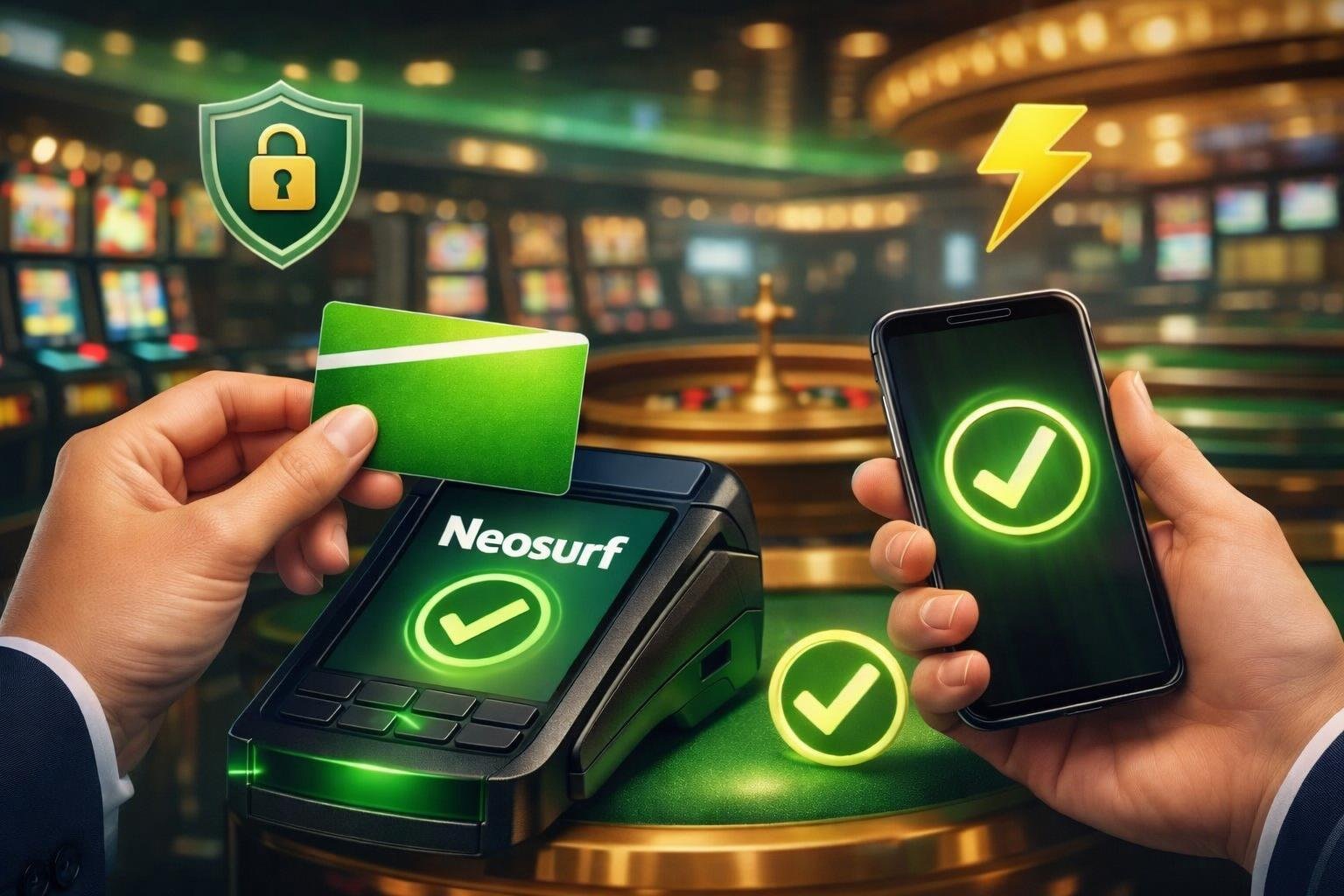 A Hand Holding A Green And White Prepaid Card Making A Secure Payment At A Digital Terminal In A Casino Setting With Slot Machines And Gaming Tables In The Background.
