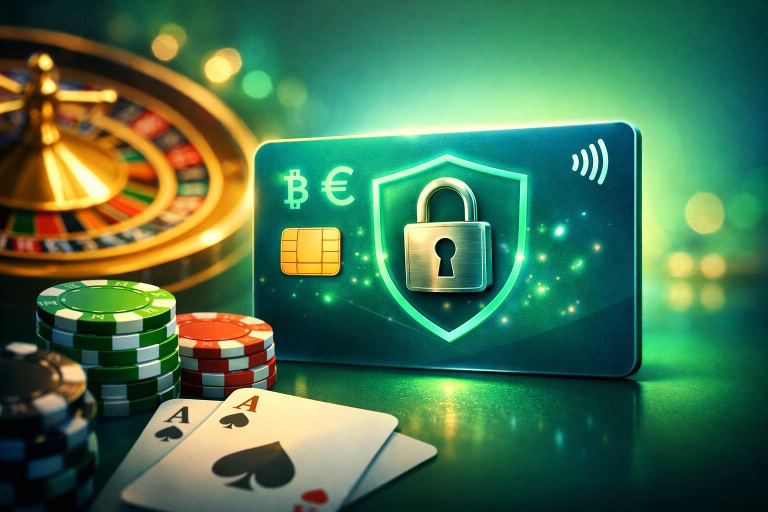 A Digital Illustration Showing A Casino Scene With Poker Chips, Playing Cards, And A Roulette Wheel, Featuring A Stylized Prepaid Card With A Lock And Currency Symbols To Represent A Secure Casino Payment Method.