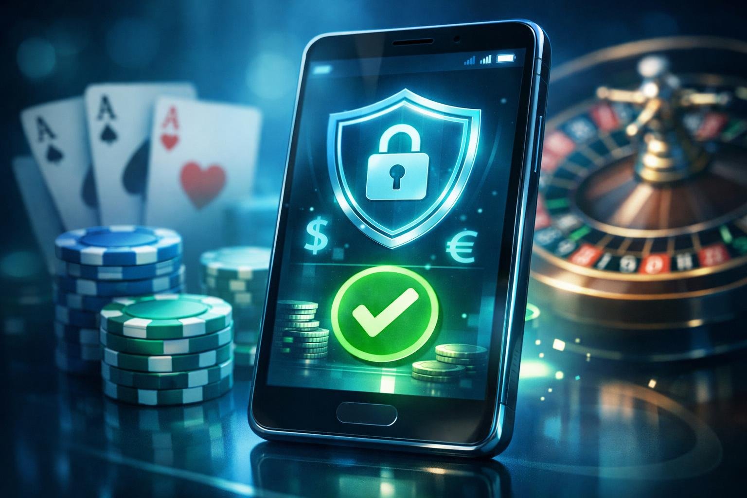 A Digital Payment Device Displaying Secure Transaction Icons With Casino Elements Like Poker Chips And Cards In The Background.