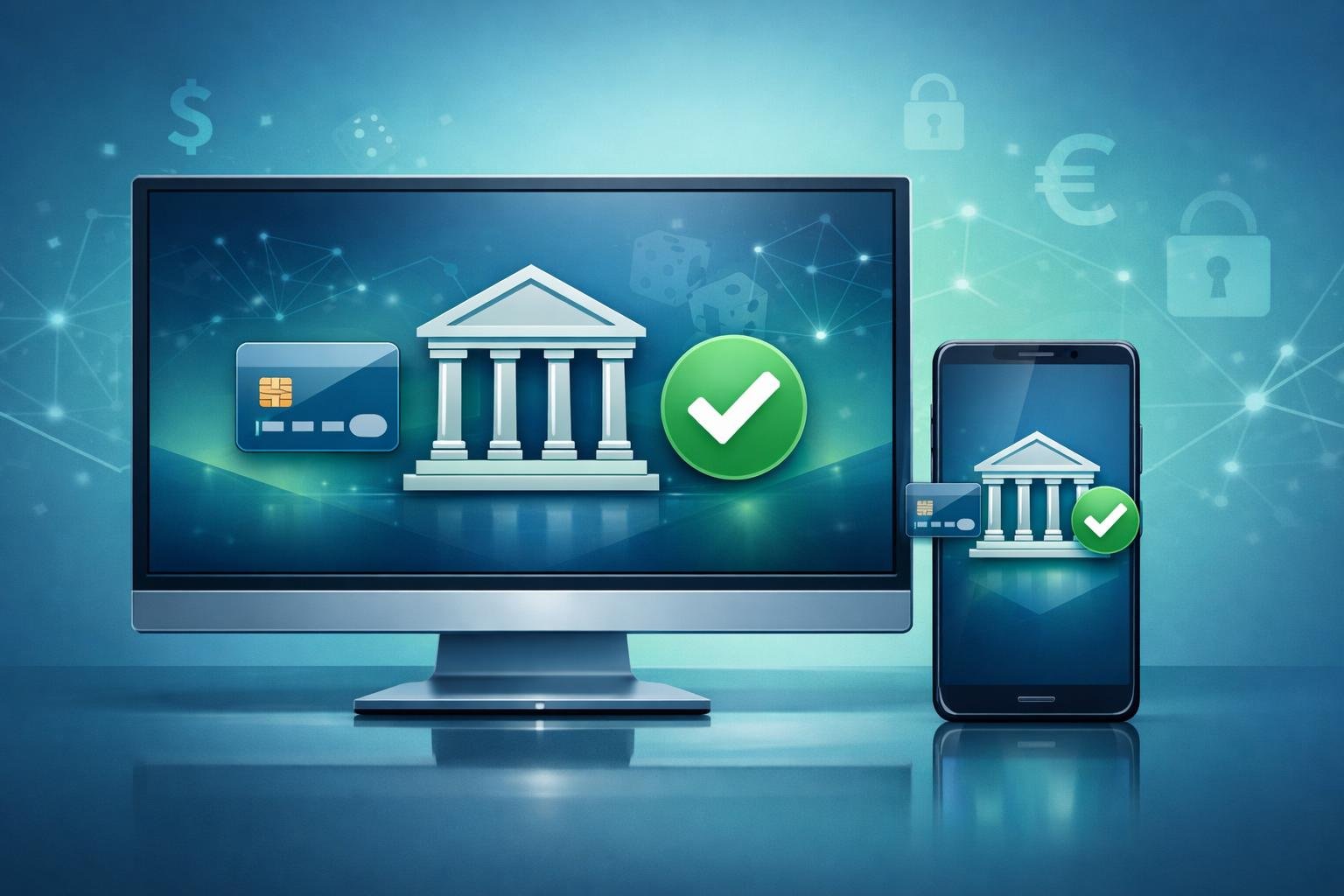 A Computer Monitor And Smartphone Showing Icons Representing Secure Online Payments For An Online Casino.