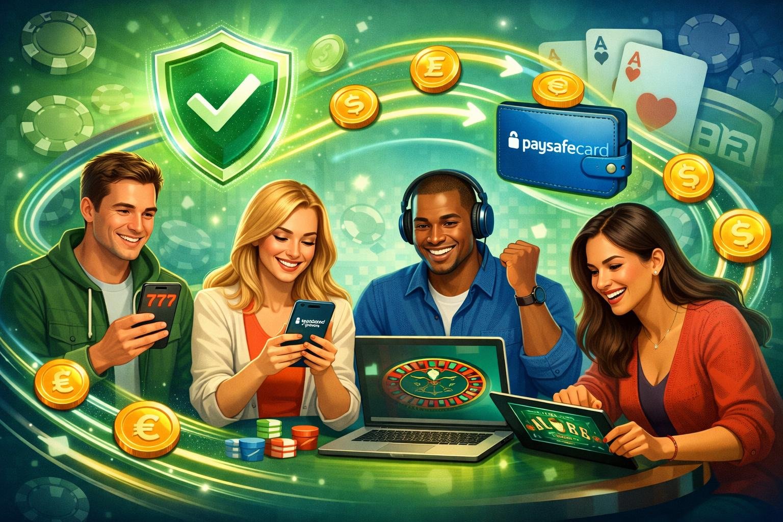 A Group Of Diverse Players Using Laptops And Smartphones To Play Casino Games, Surrounded By Symbols Of Secure And Fast Online Payments.