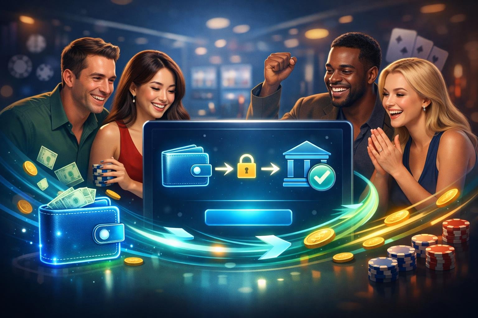 A Group Of Happy Casino Players Using A Secure And Fast Digital Payment Method With Money Flowing Towards Them, Surrounded By CasinoThemed Elements.