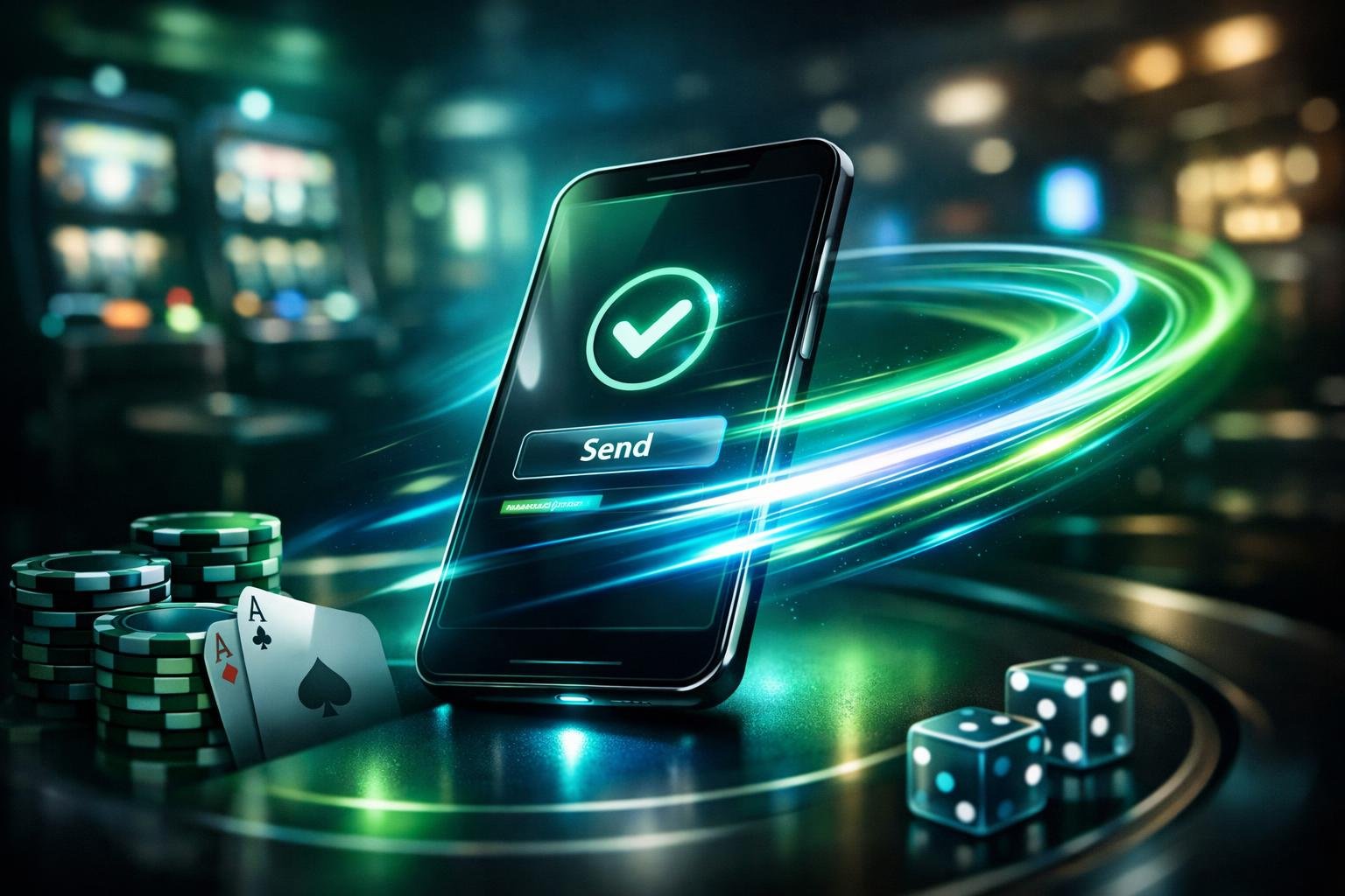 A Digital Wallet Showing A Fast And Smooth Payment Transaction In A Modern Casino Setting With Poker Chips And Cards In The Background.