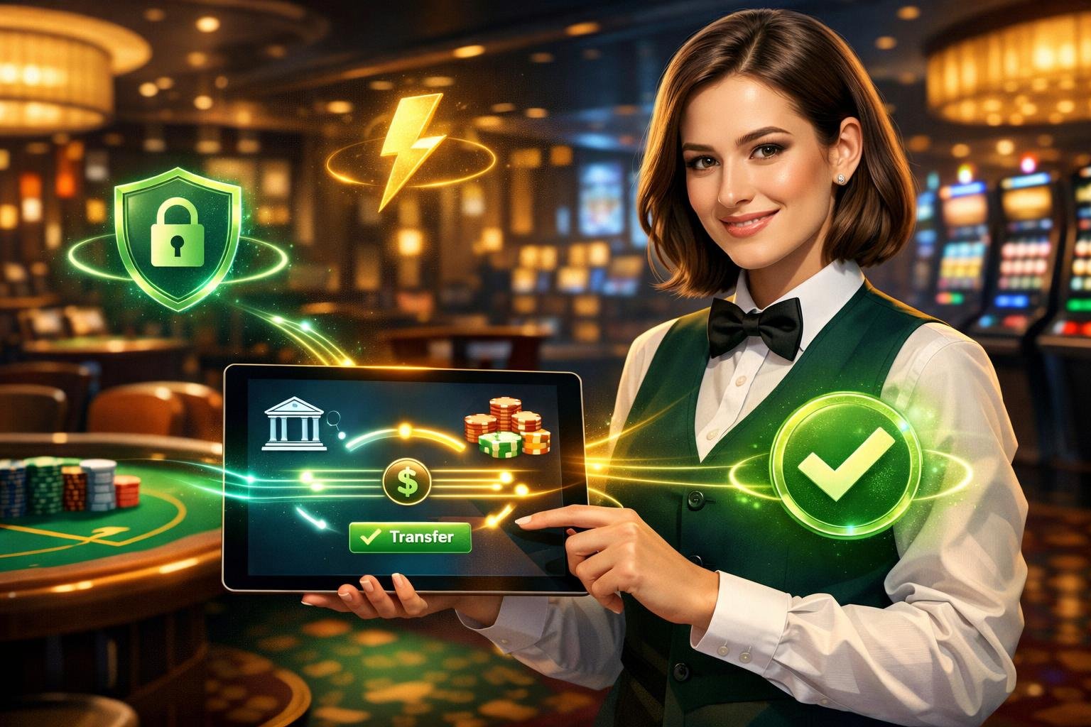 A Casino Employee Using A Smartphone To Make A Fast And Secure Digital Payment With Casino Games Visible In The Background.