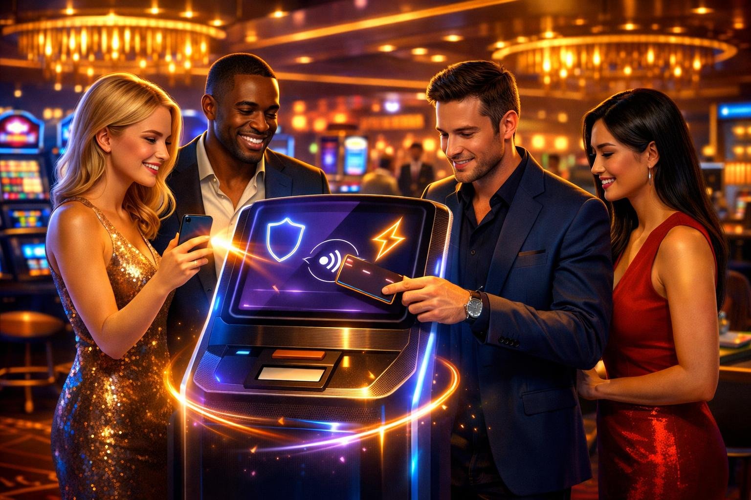 People Using A Digital Payment Terminal In A Casino With Slot Machines And Gaming Tables In The Background.