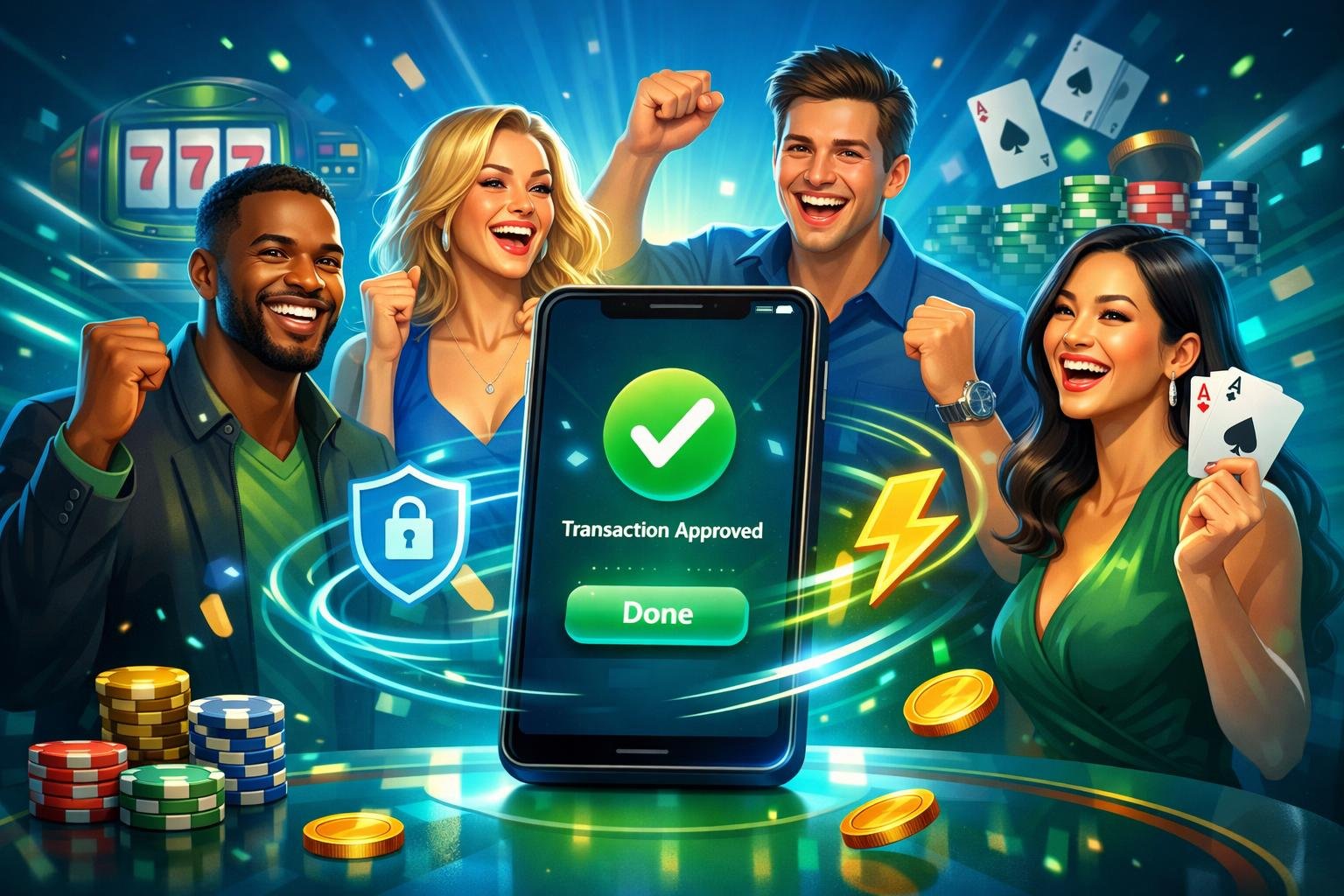 A Group Of Diverse Casino Players Happily Celebrating Fast And Secure Digital Payments With Casino Elements Like Poker Chips And Cards In The Background.