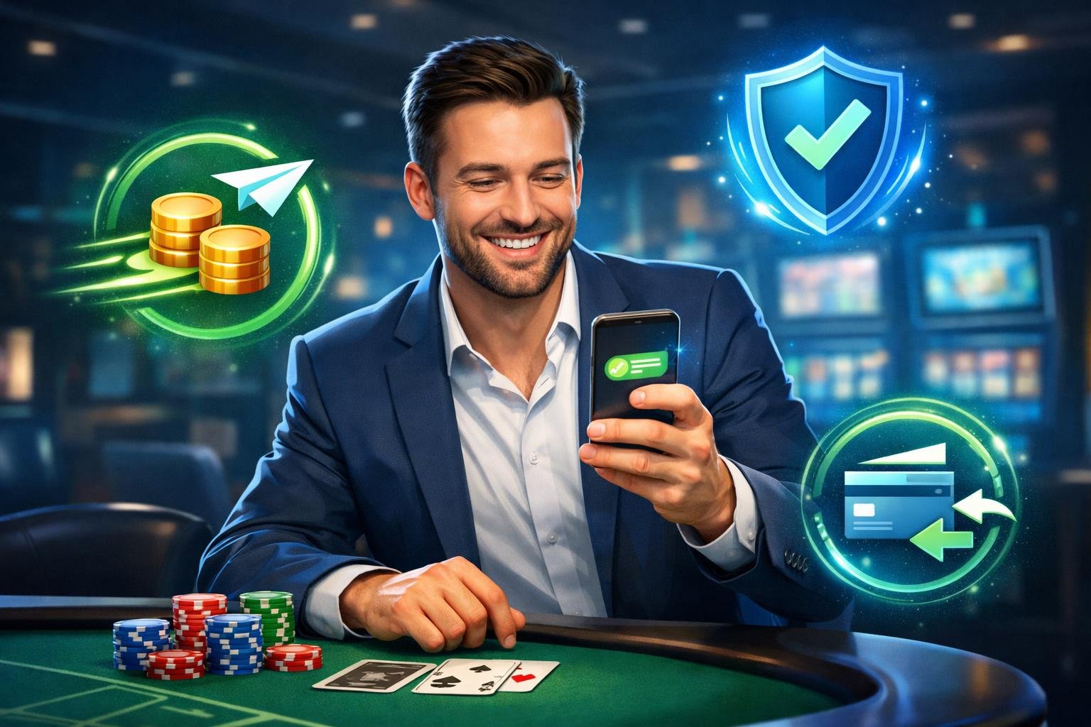 A Happy Casino Player At A Gaming Table Receiving Instant Digital Payment Notifications On A Smartphone, Surrounded By Icons Representing Fast And Secure Money Transfers.