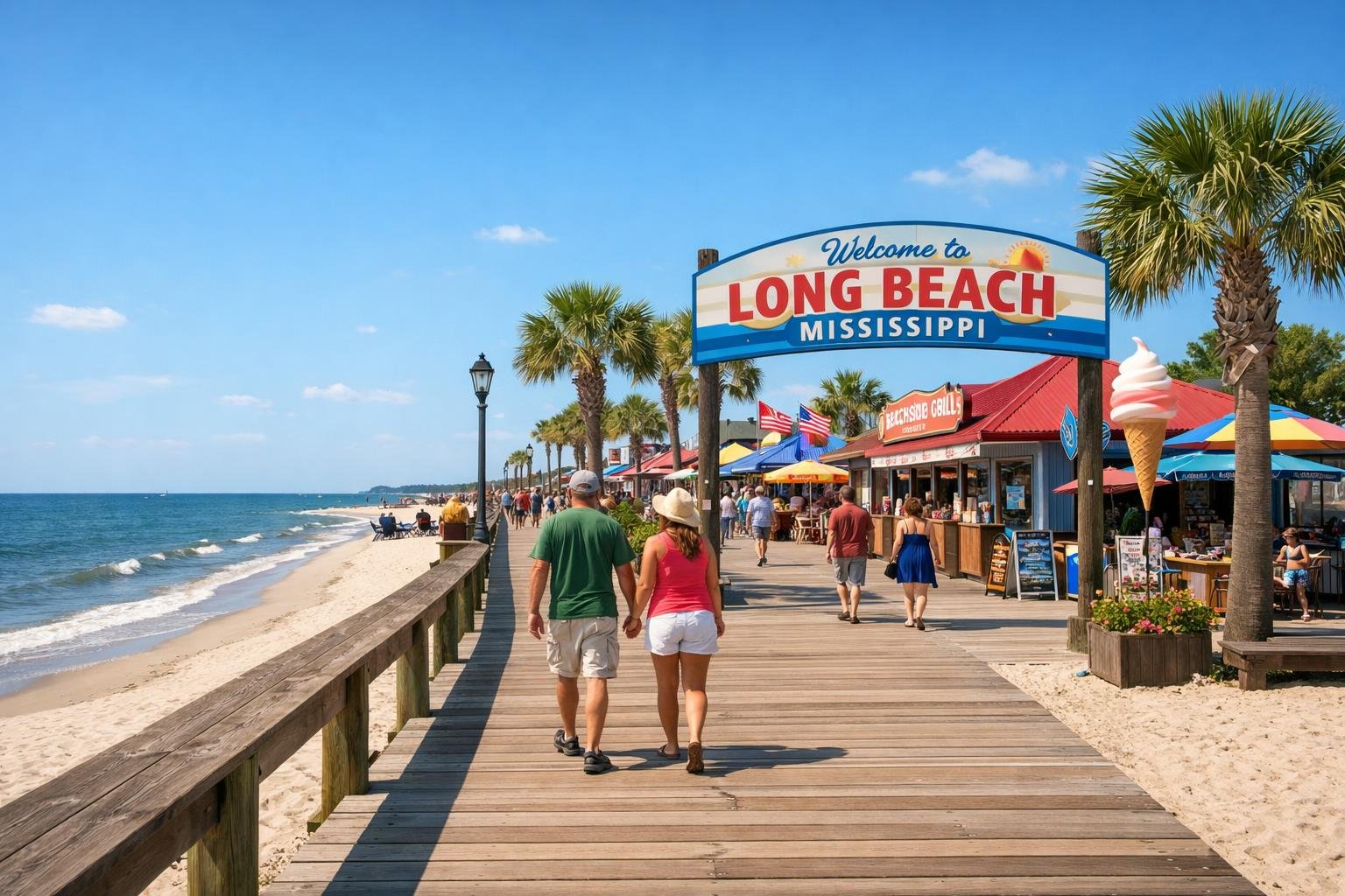 People walking along a wooden boardwalk by the beach with shops and palm trees under a blue sky.