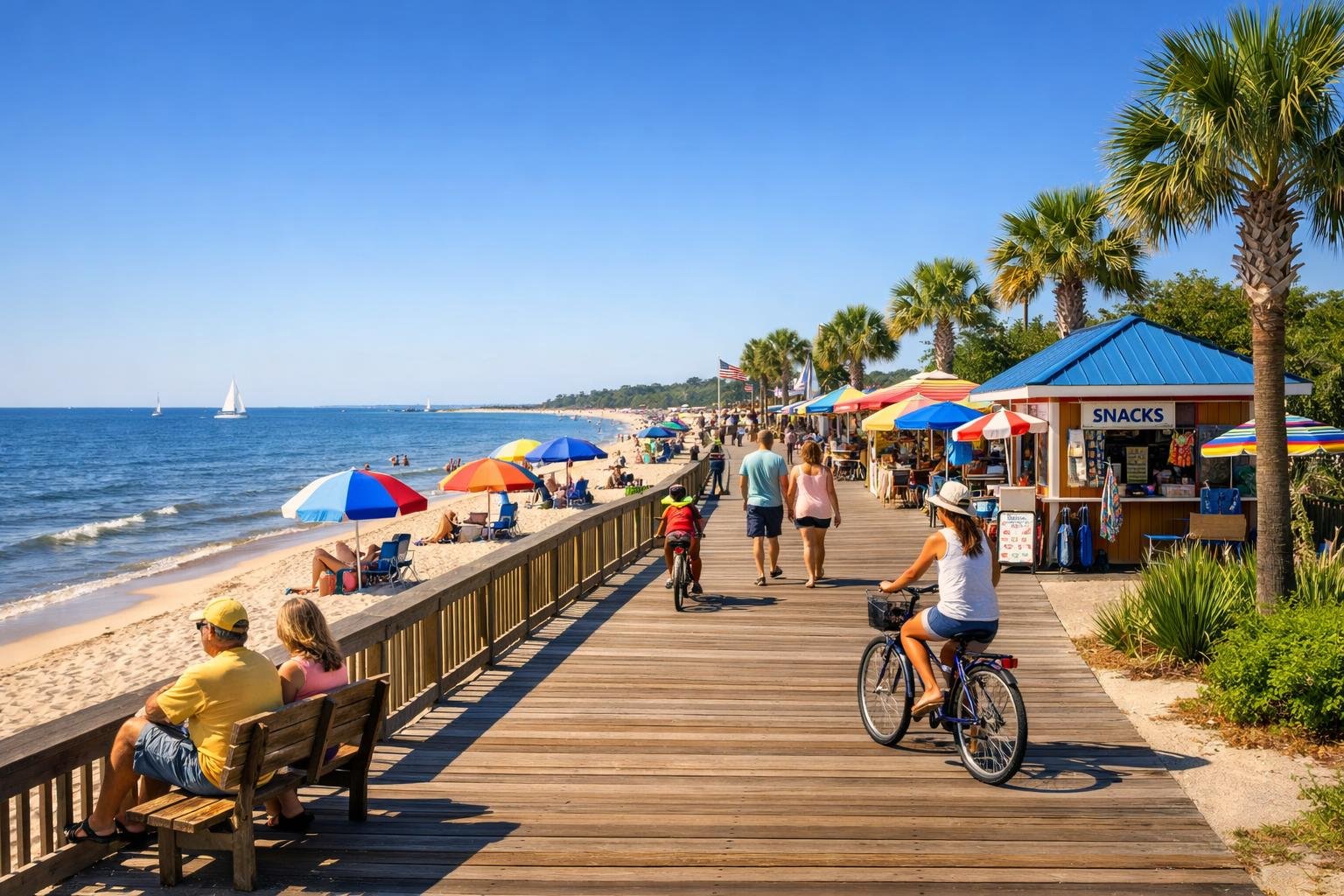 A sunny boardwalk along the beach with people walking, biking, and relaxing near the ocean in Long Beach, Mississippi.