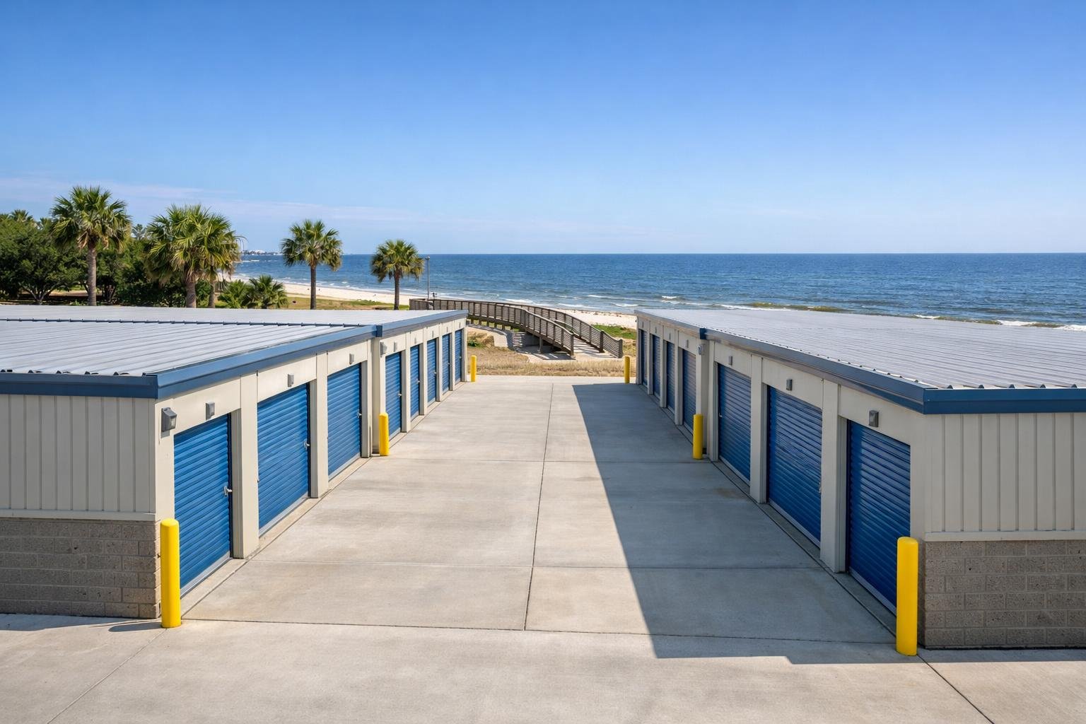 A clean storage unit facility near the Long Beach, Mississippi coastline with the boardwalk and ocean in the background.