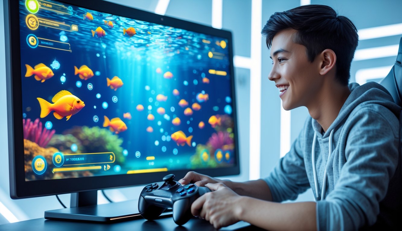 Seorang pemain muda tersenyum sambil bermain game tembak ikan di layar komputer dengan latar belakang grafis ikan berwarna-warni dan elemen sistem VIP online.