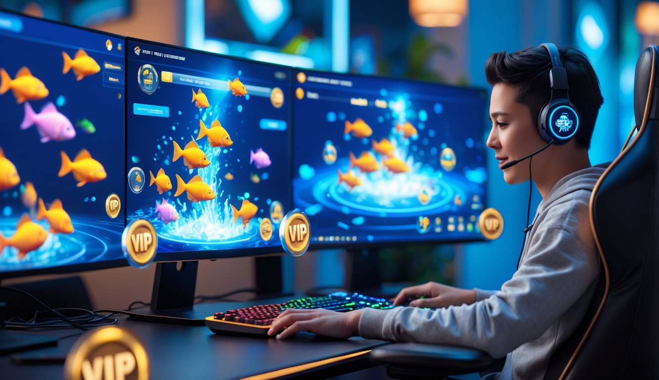 Seorang pemain muda sedang bermain game tembak ikan online dengan tampilan layar penuh ikan warna-warni dan ikon VIP di monitor komputer.