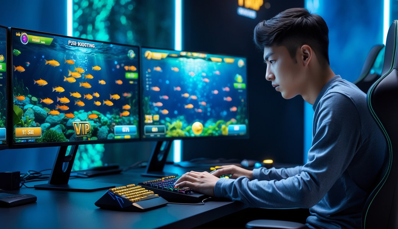 Seorang pemain sedang fokus bermain game tembak ikan online di depan beberapa monitor dengan latar belakang warna biru dan hijau seperti bawah laut.