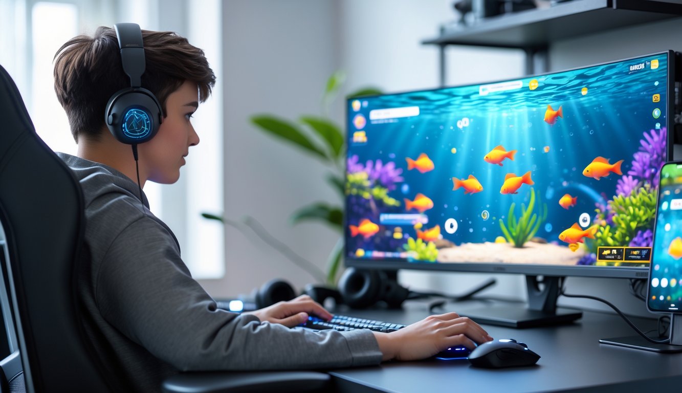 Seorang dewasa muda sedang bermain permainan tembak ikan online di komputer di ruang kerja rumah yang rapi.