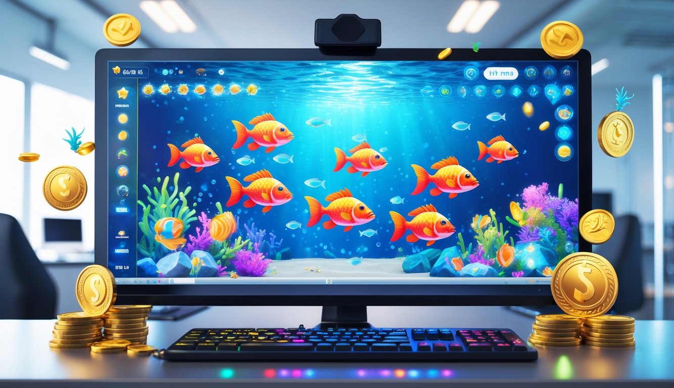 Sebuah layar komputer menampilkan permainan tembak ikan dengan grafis ikan berwarna-warni dan simbol VIP serta koin emas di sekitar layar dalam ruangan modern.