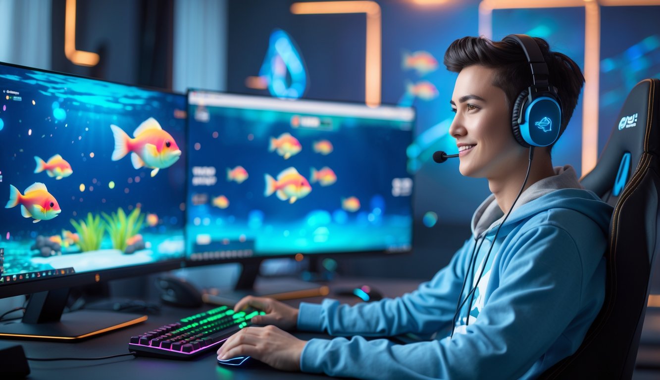 Seorang pemain game muda duduk di depan beberapa layar komputer yang menampilkan permainan tembak ikan dengan efek warna-warni, terlihat fokus dan menikmati permainan.