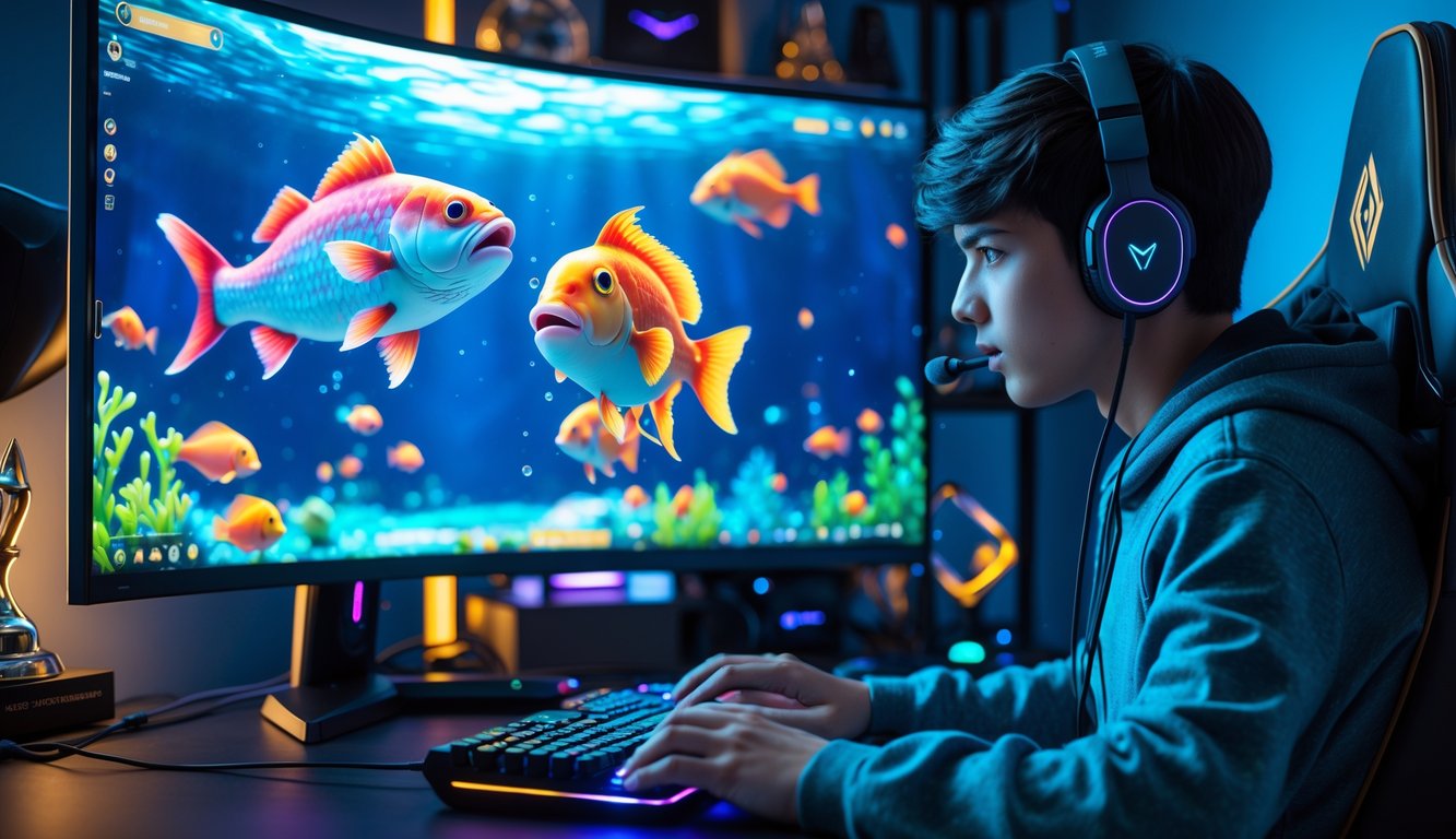 Seorang pemain muda fokus bermain game tembak ikan di komputer dengan layar besar menampilkan ikan warna-warni dan ikan bos besar.