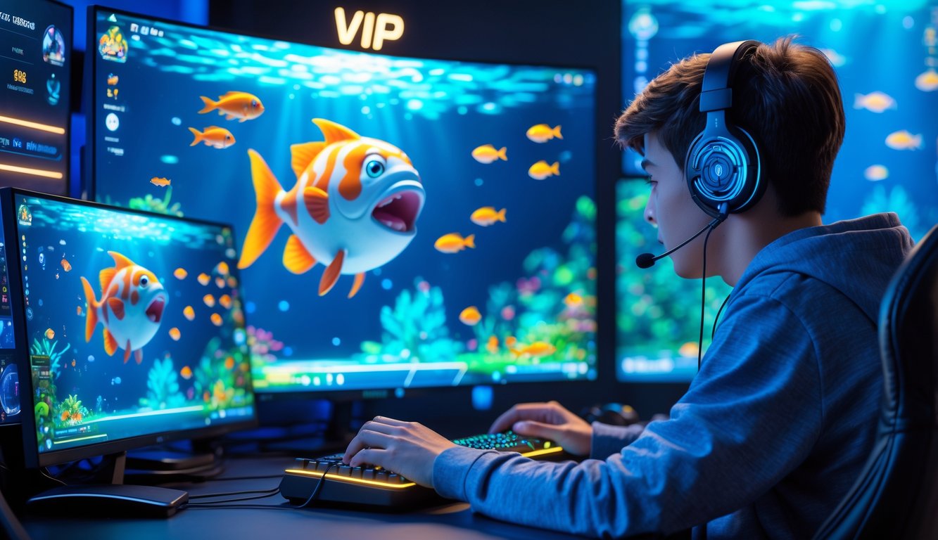 Seorang pemain muda fokus bermain game tembak ikan dengan layar menampilkan ikan berwarna-warni dan bos besar di bawah laut.