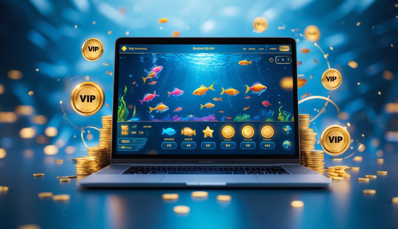 Seorang pengguna sedang bermain permainan tembak ikan online dengan tampilan layar penuh ikan berwarna-warni dan ikon bonus di latar belakang biru seperti bawah laut.