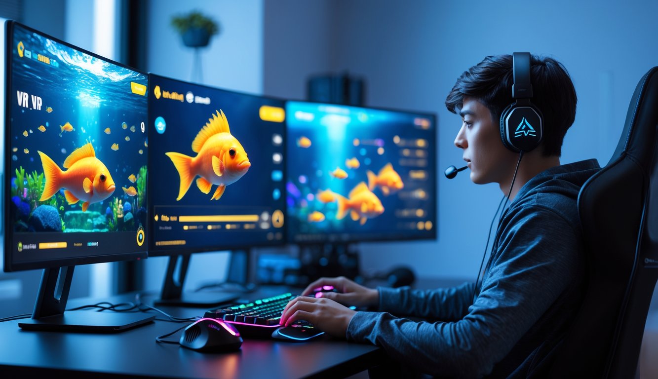 Seorang pria muda duduk di depan beberapa layar komputer yang menampilkan permainan tembak ikan dengan suasana ruangan berwarna biru dan fokus penuh pada permainan.