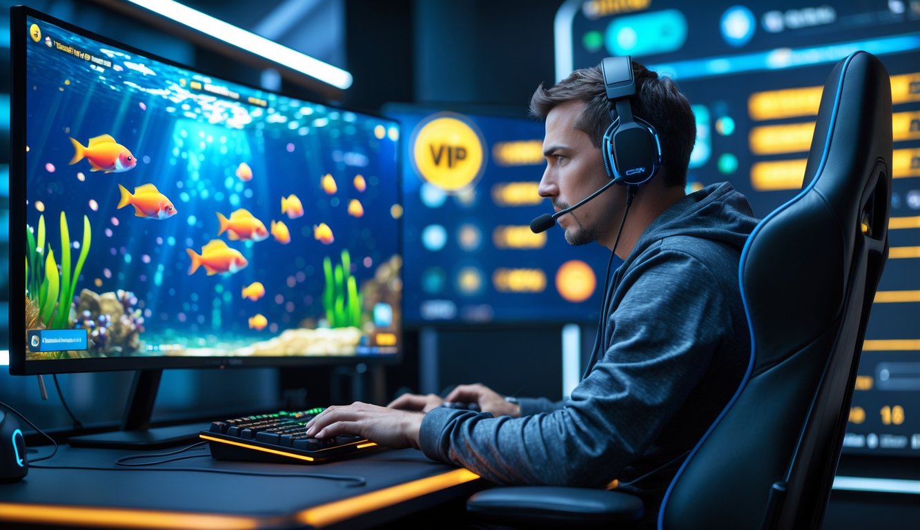 Seorang pria dewasa sedang bermain game tembak ikan online dengan tampilan layar penuh ikan berwarna-warni dan efek tembakan, duduk di kursi gaming dengan headset dan fokus pada layar.
