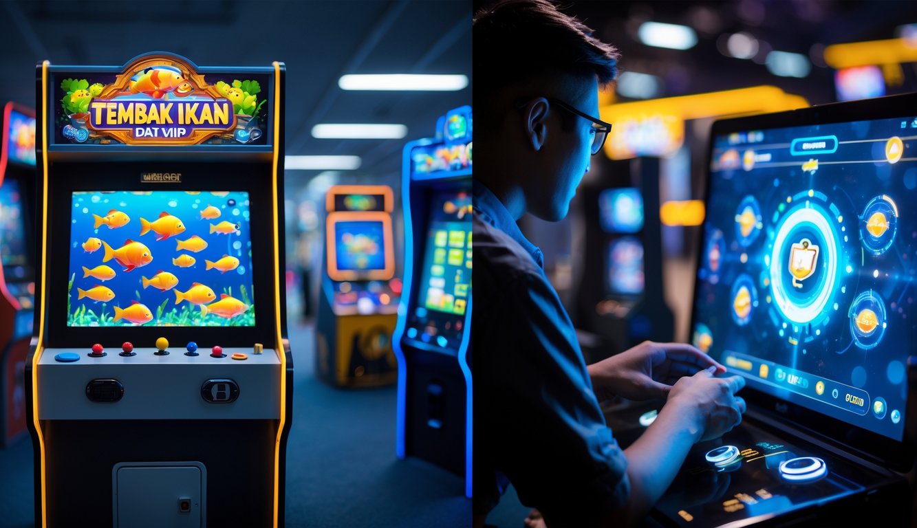 Gambar yang menunjukkan perbedaan antara permainan tembak ikan biasa di mesin arcade dan permainan tembak ikan sistem VIP online di perangkat modern.
