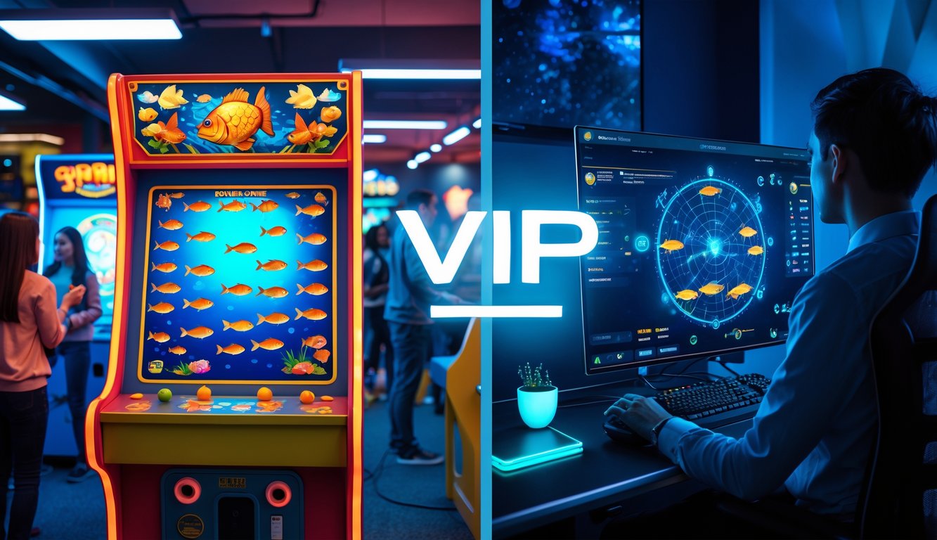 Gambar yang menunjukkan perbedaan antara permainan tembak ikan biasa di arcade dan permainan tembak ikan sistem VIP online di rumah.
