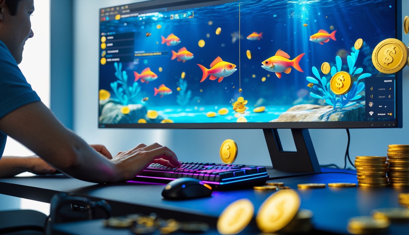 Seseorang bermain game tembak ikan online dengan tampilan layar komputer yang menunjukkan ikan warna-warni dan koin.