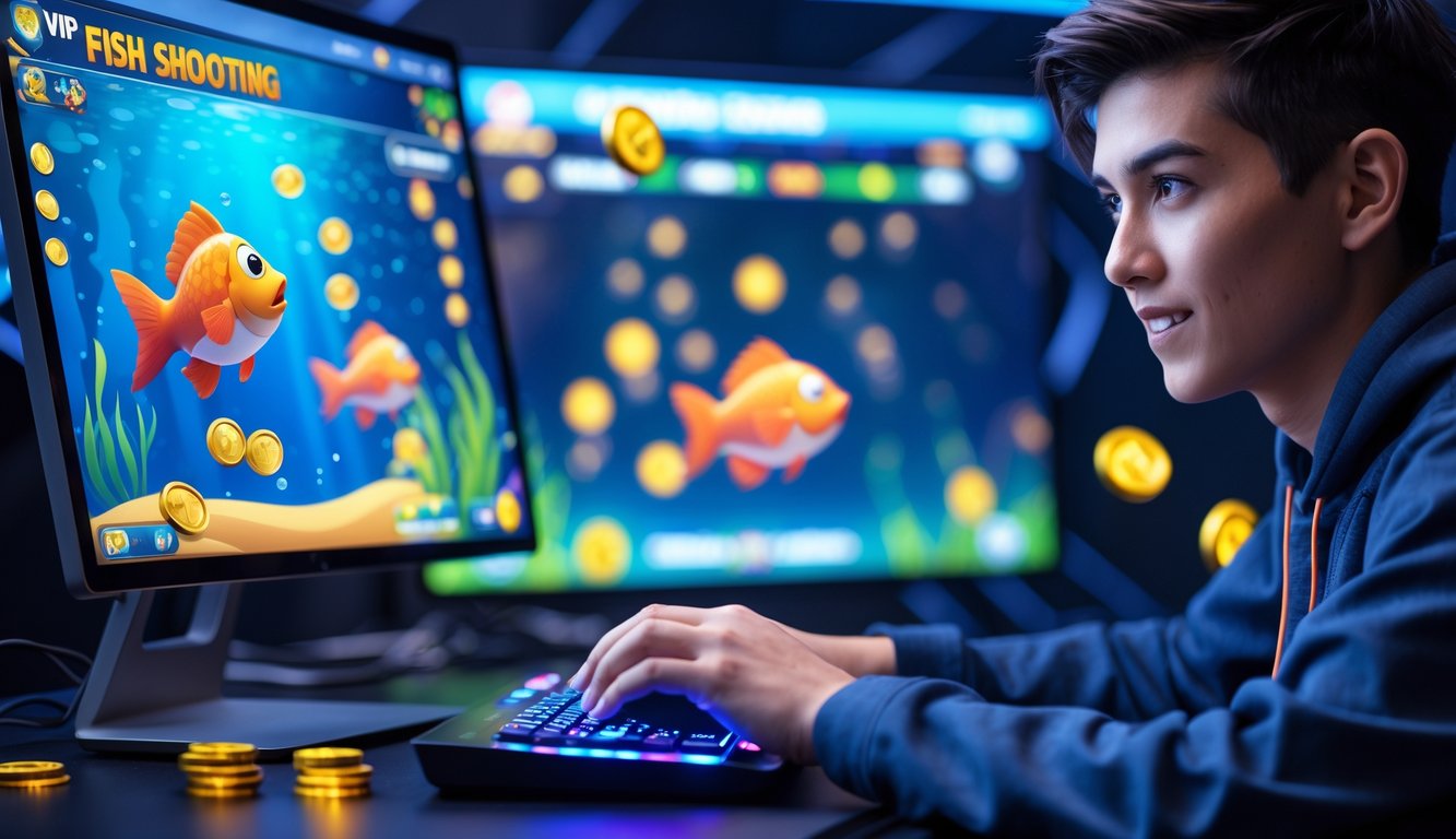 Seorang pemain muda sedang bermain game tembak ikan online dengan layar komputer yang menampilkan ikan warna-warni dan koin, di ruang bermain yang modern.