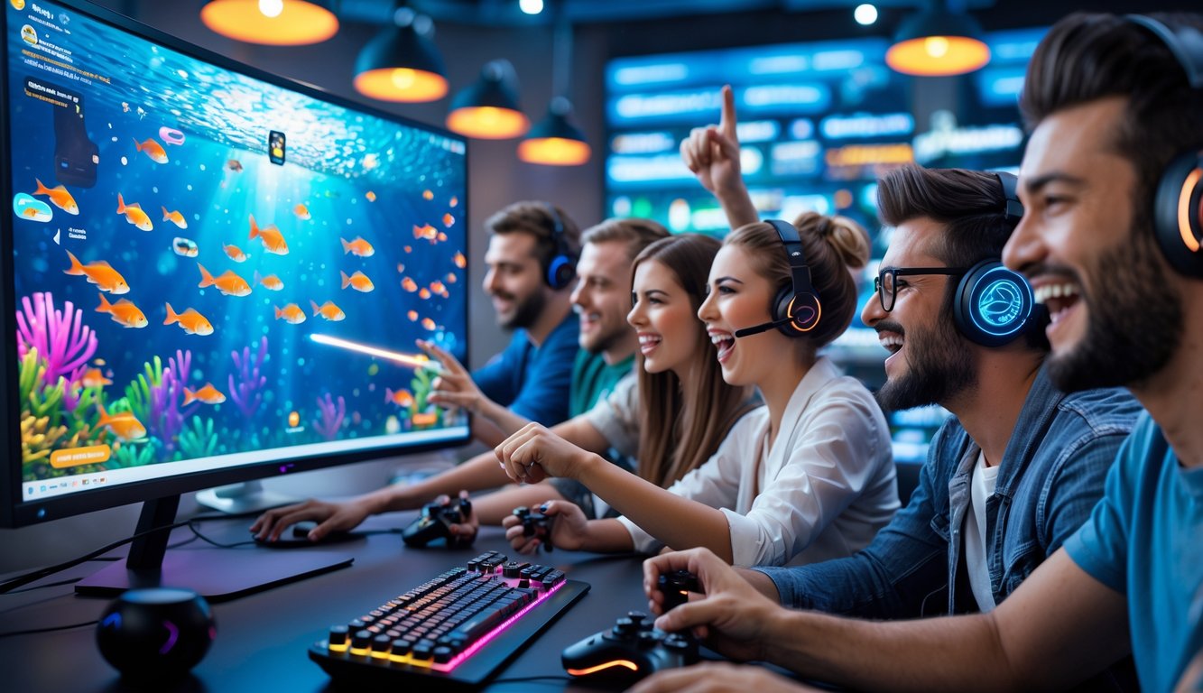 Sejumlah orang bermain game tembak ikan secara online dengan layar komputer menampilkan ikan berwarna-warni di bawah laut.