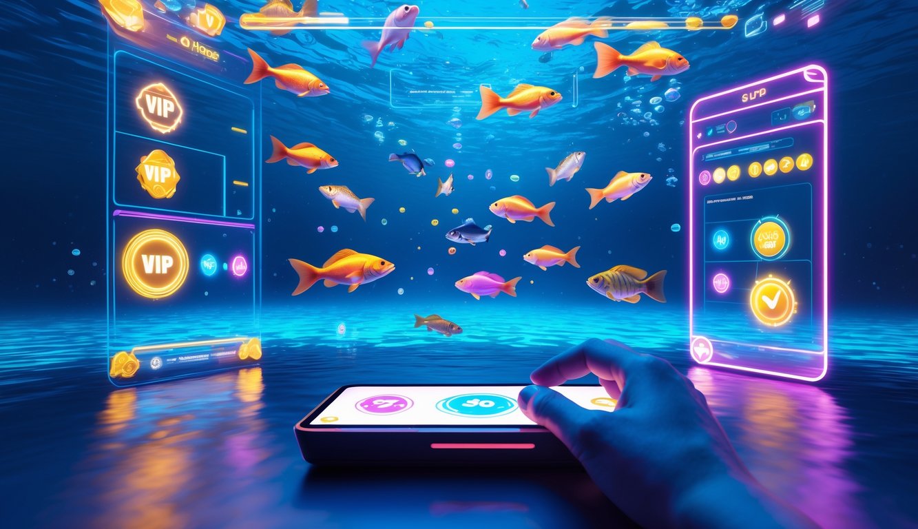 Layar perangkat modern menampilkan permainan menembak ikan dengan latar laut biru dan ikan berwarna-warni, serta ikon VIP yang bersinar.