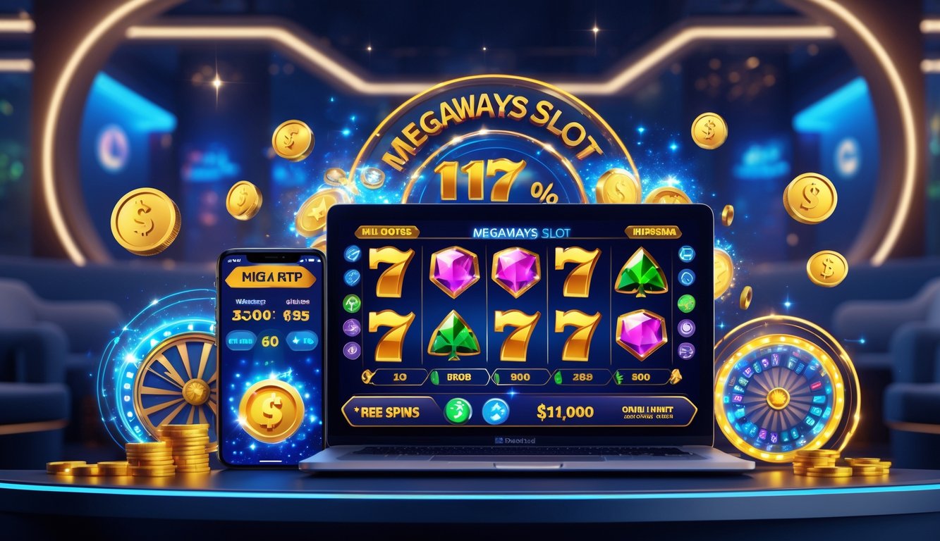 Sebuah laptop dan ponsel menampilkan permainan slot online dengan latar belakang ruang permainan modern dan lampu neon.