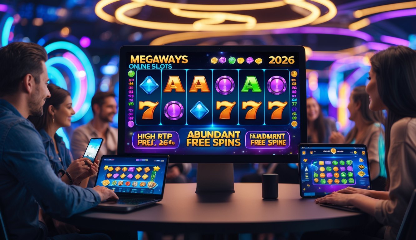 Orang-orang menikmati permainan slot online Megaways dengan antarmuka digital berwarna-warni dan latar belakang futuristik.