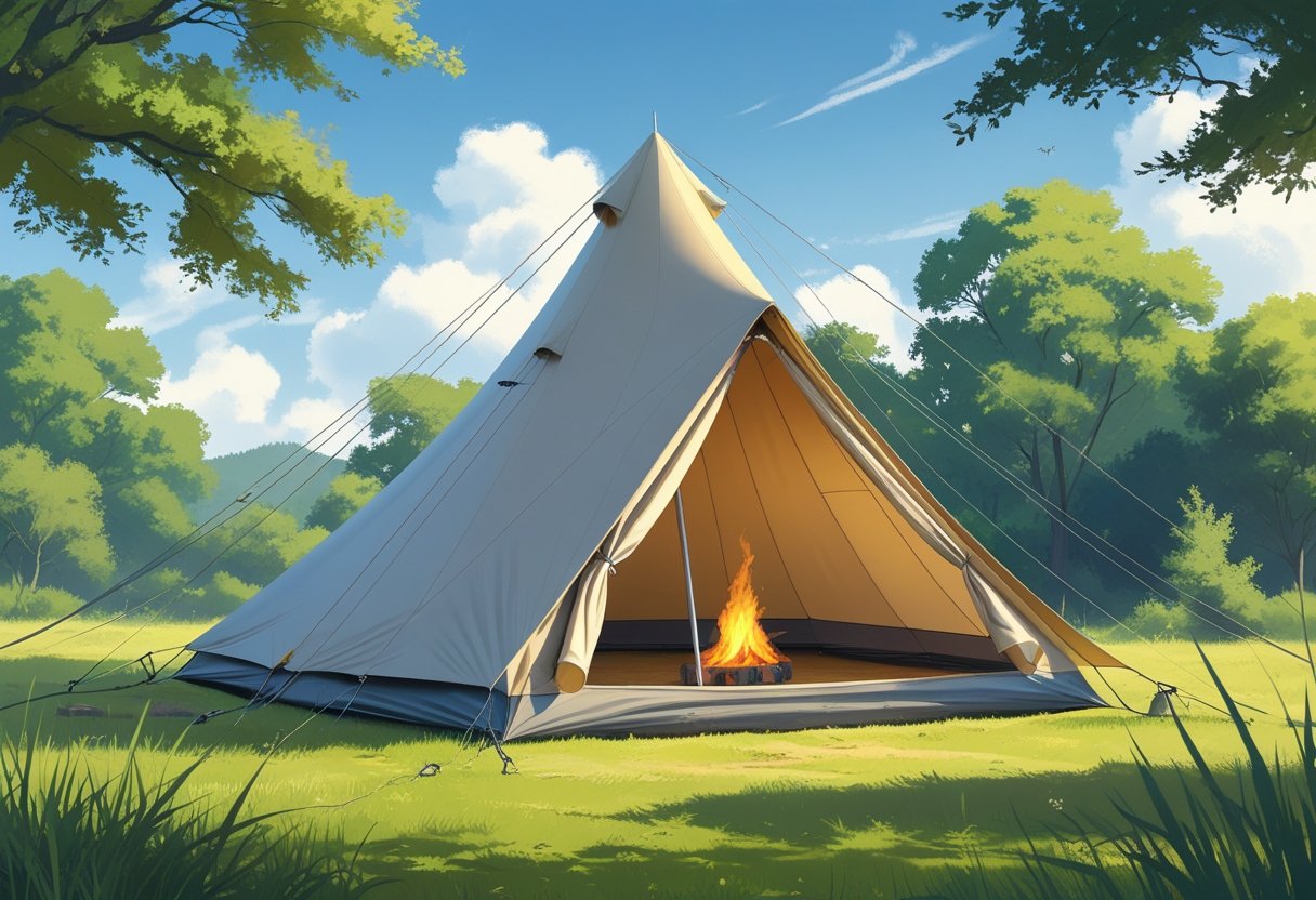 A high peak tent pitched outdoors with a tall pointed peak, surrounded by grass, trees, and a small campfire.