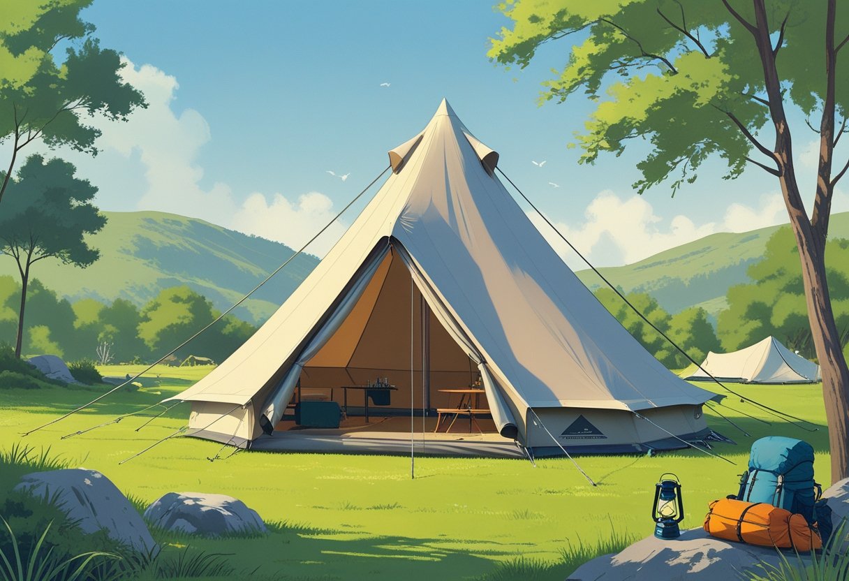 A high peak tent set up in a green campsite with trees and hills in the background, surrounded by camping gear.