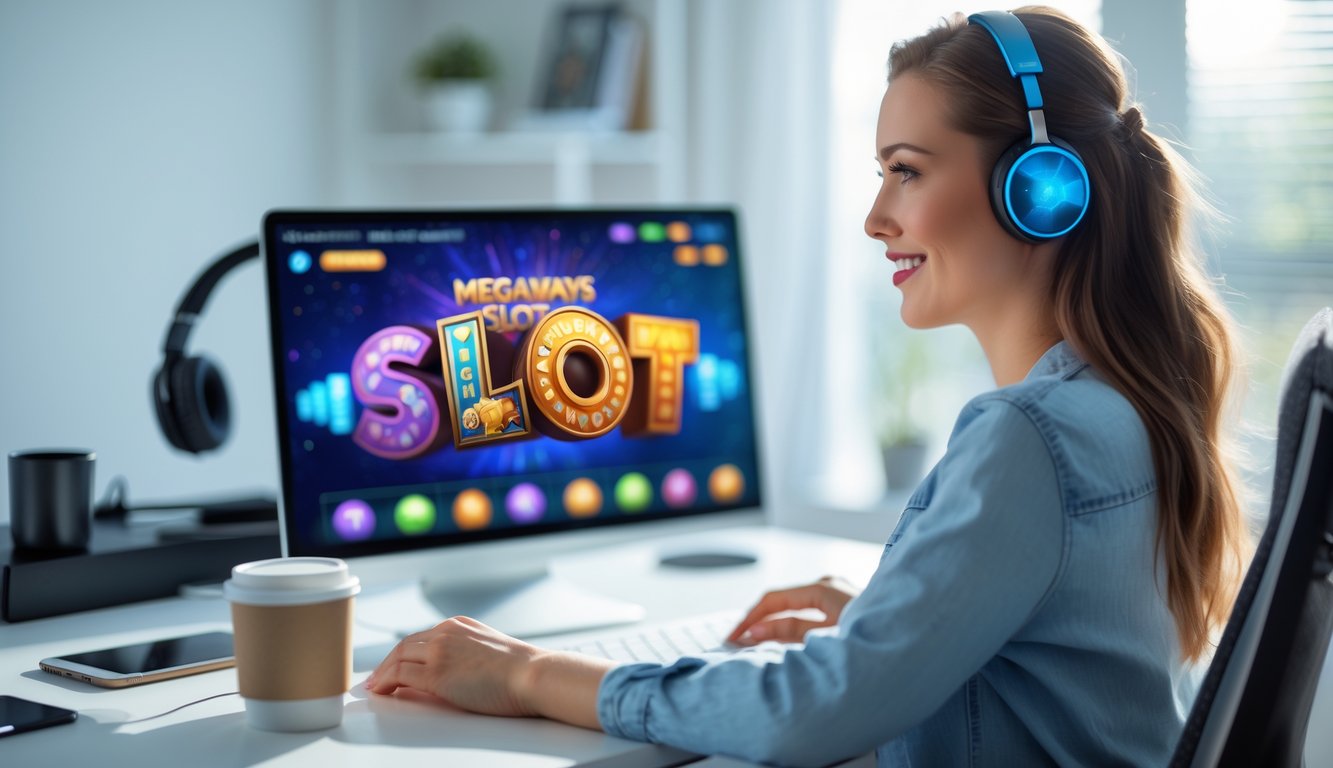 Seorang wanita muda duduk di meja dengan laptop, fokus bermain permainan slot online di ruang kerja yang terang dan rapi.