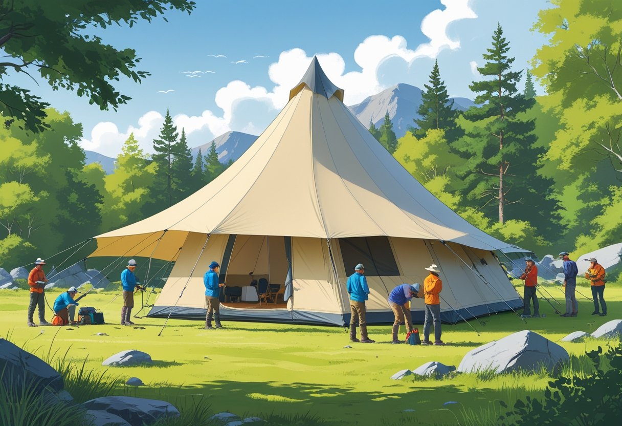 A high peak tent set up outdoors with campers around it in a natural environment featuring grass, trees, and clear sky.