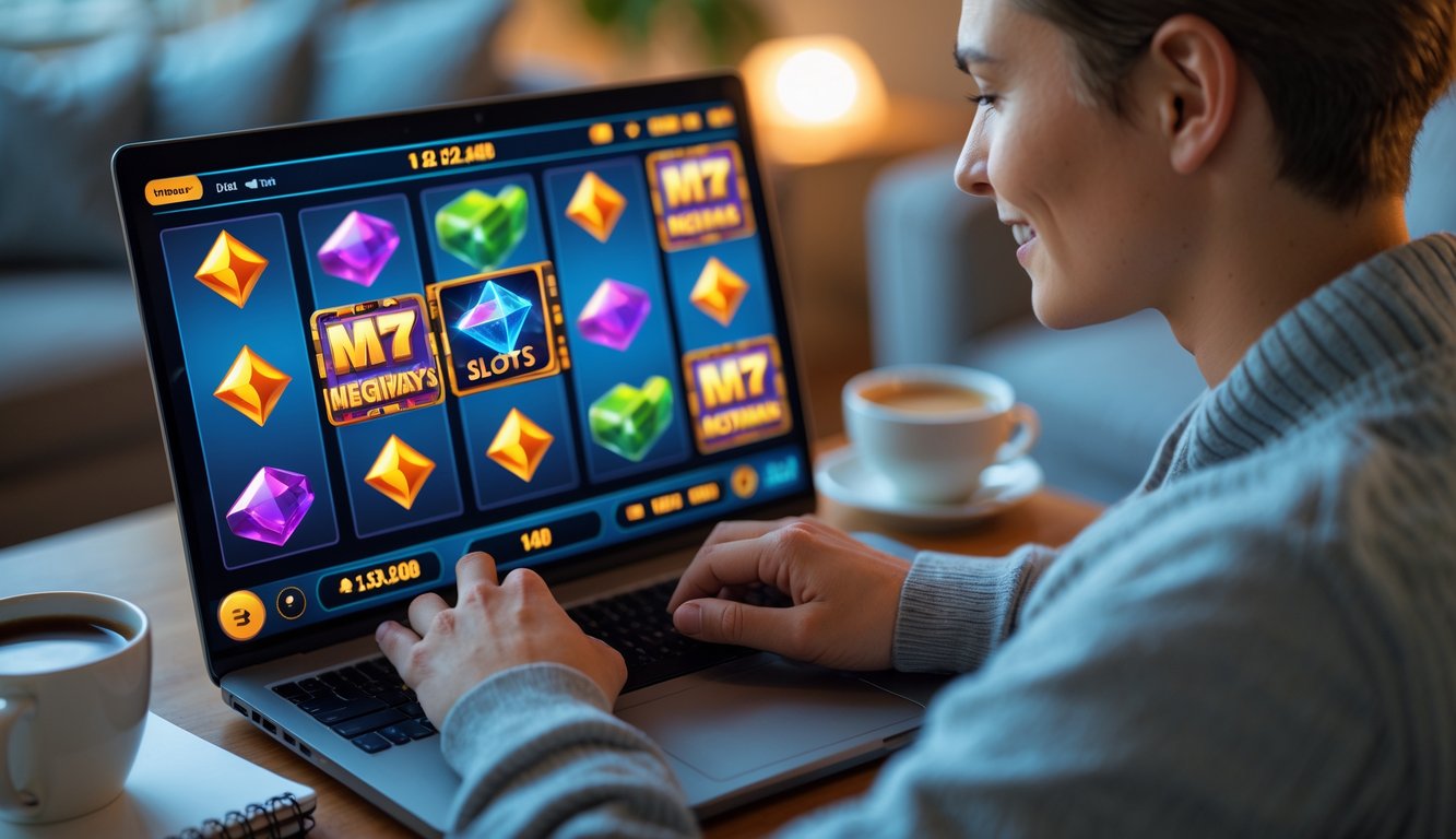 Seseorang sedang bermain permainan slot Megaways online di laptop di dalam ruangan yang nyaman.