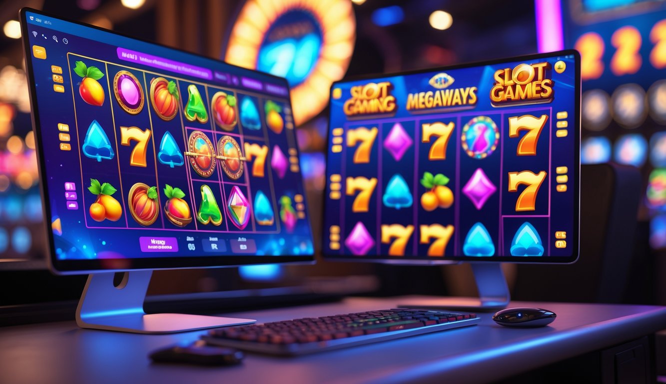 Sebuah meja dengan komputer dan ponsel menampilkan permainan slot Megaways online dengan suasana kasino yang cerah dan penuh semangat.