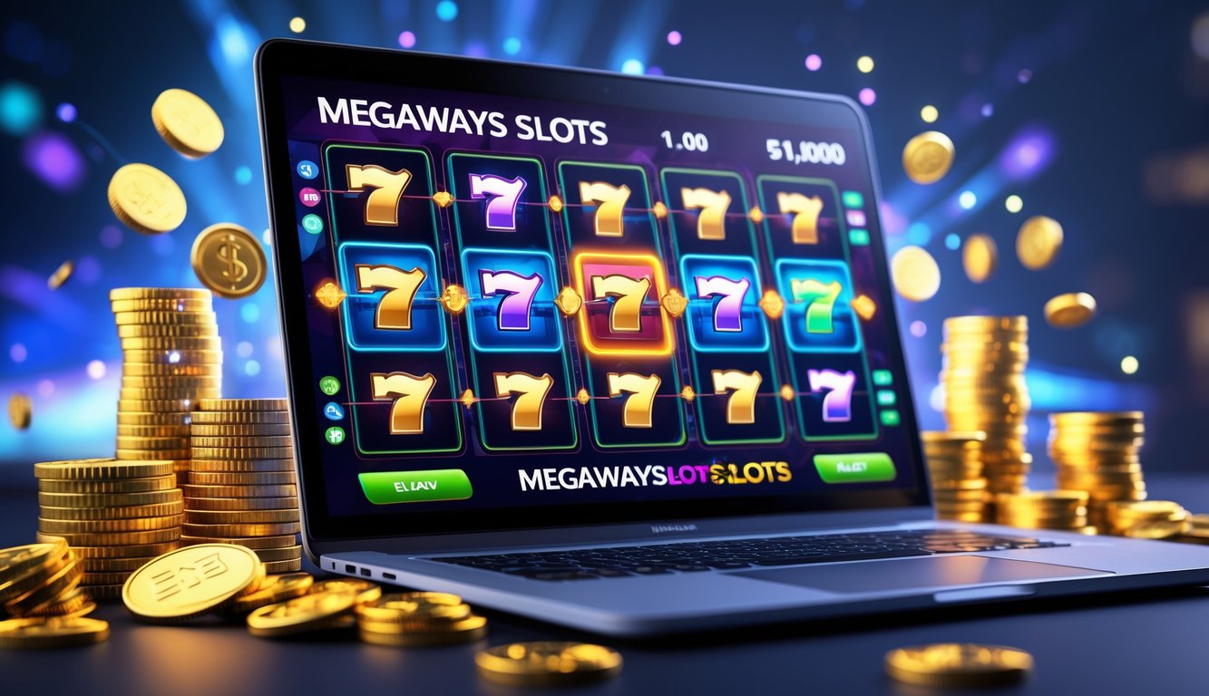 Layar komputer menampilkan permainan slot Megaways dengan simbol warna-warni dan tumpukan koin emas di sekitarnya.