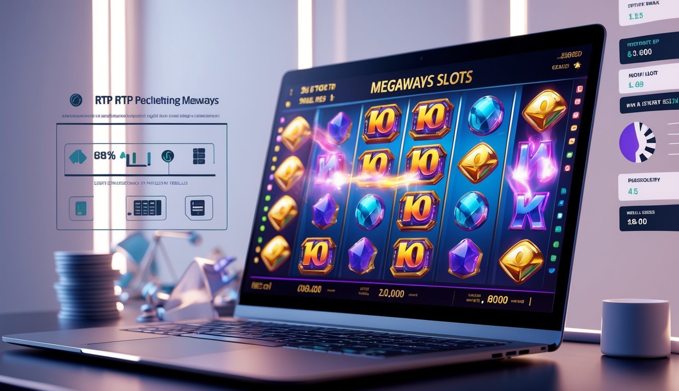 Tampilan komputer dengan permainan slot online Megaways yang berwarna-warni dan elemen-elemen terkait strategi kemenangan di sekitarnya.