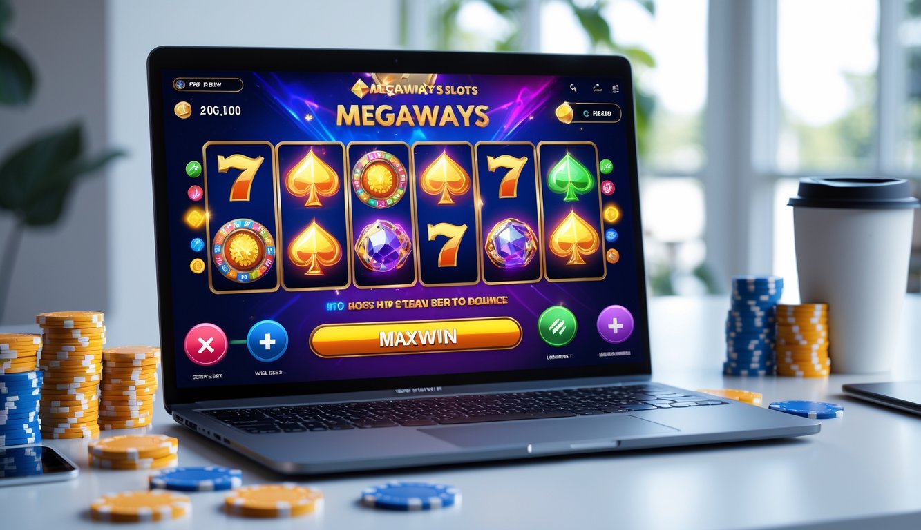 Seorang pengguna bermain permainan slot Megaways online di laptop dengan latar meja kerja yang rapi dan beberapa aksesori permainan di sekitarnya.