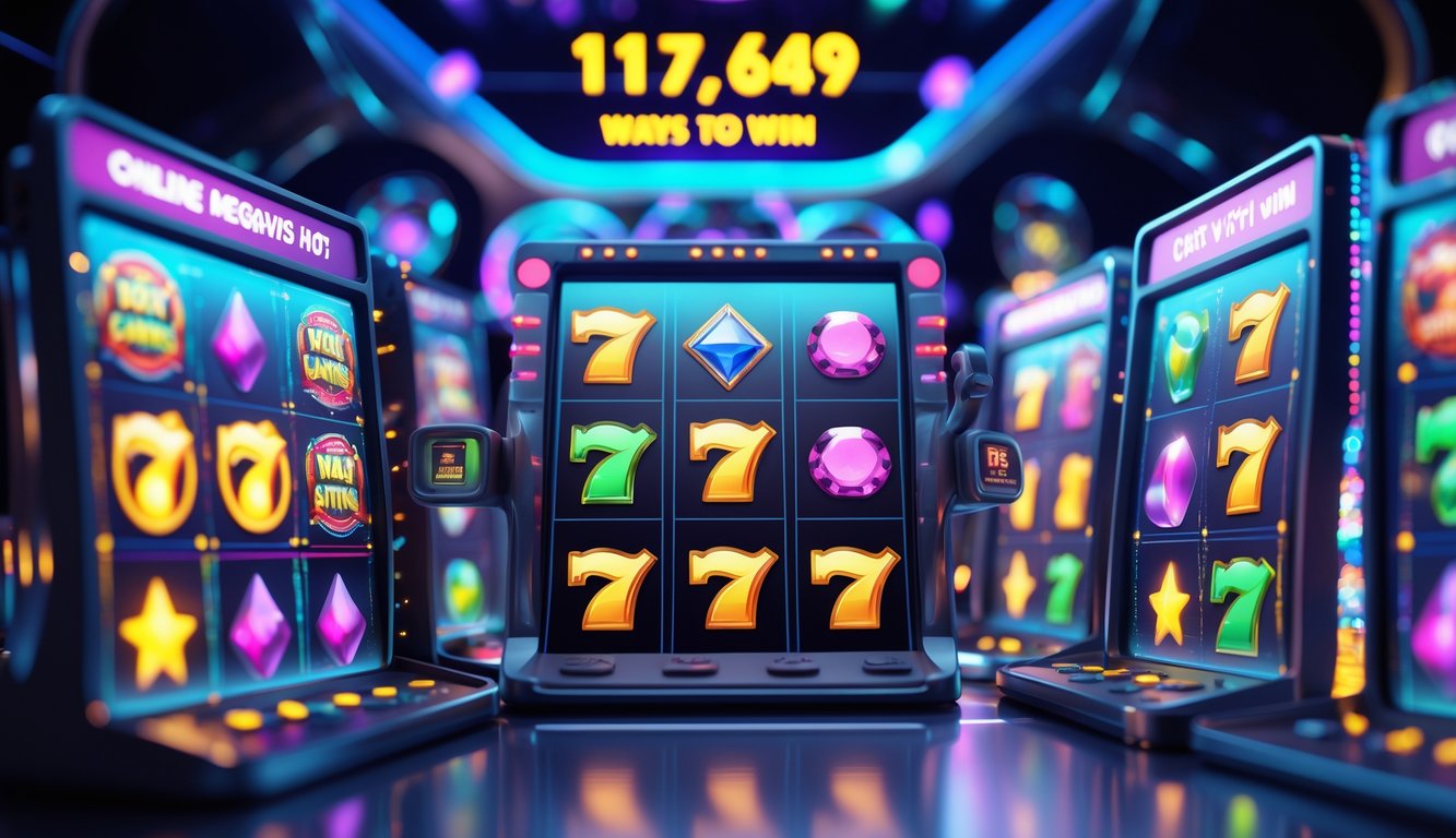 Tampilan beberapa layar mesin slot digital berwarna-warni dengan simbol buah dan permata dalam suasana kasino online modern.