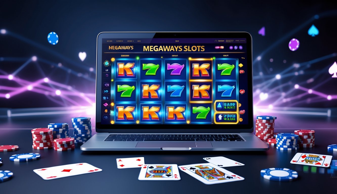Layar komputer menampilkan permainan slot Megaways dengan simbol warna-warni, dikelilingi oleh chip poker dan kartu bermain.