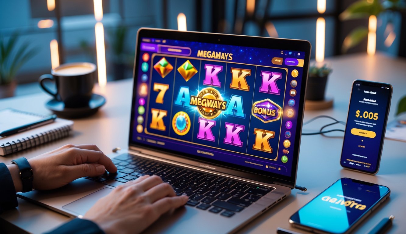 Seseorang sedang bermain permainan slot Megaways online di laptop dengan suasana kerja yang rapi dan alat tulis di meja.